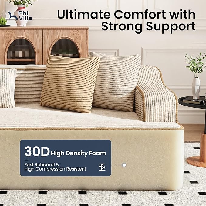 PHI VILLA Cloud Modular Couch, Boneless Sectional Sofa with U-Shaped Chaise, 7-Seater Couches with Movable Ottomans for Living Room, No Assembly Required, Corduroy, Beige