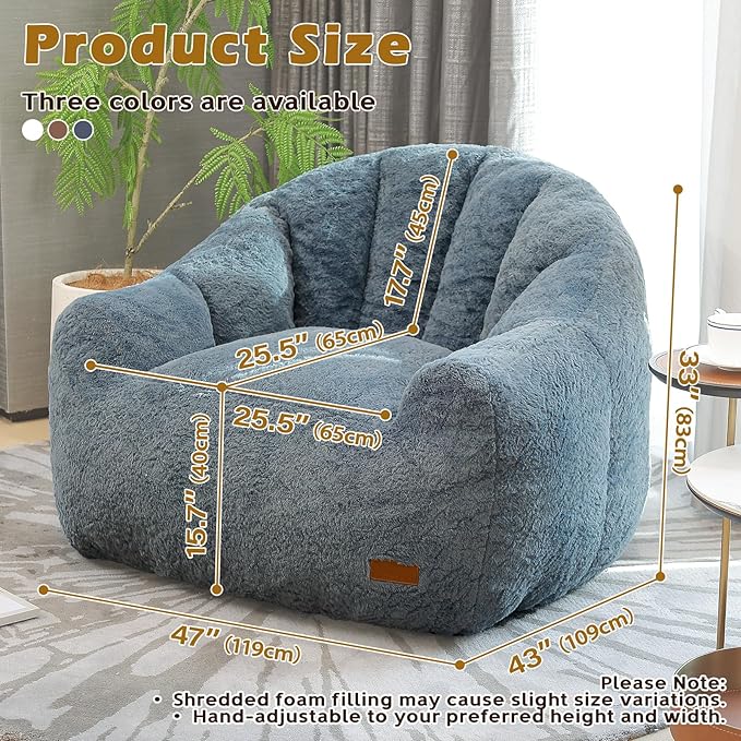 Big Bean Bag Chairs for Adults Giant Sofa with Faux Fur Shell-Shaped Beanbag Couch, Stuffed Large Bean Bag Floor Chair for Living Room, Beanbags Reading Chair for Bedroom Single Sofa(XL-Blue)