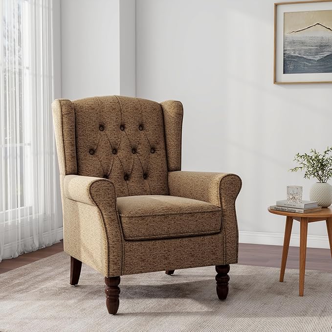 DREAMSIDEA Accent Chair, Upholstered Armchair with Button Tufted High Back & Solid Wood Legs, Comfy Wingback Reading Single Sofa Chair for Small Spaces, Living Room, Bedroom (Brown, Set of 1)