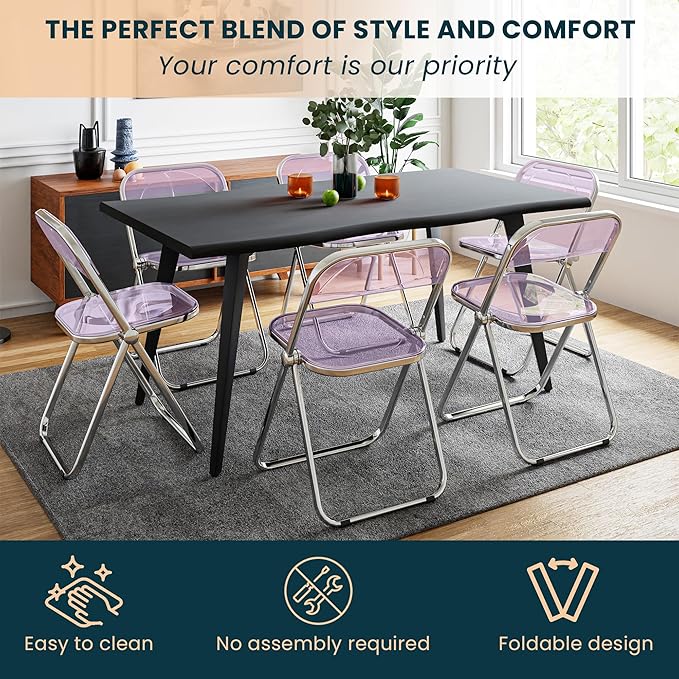LeisureMod Lawrence Modern Clear Acrylic Folding Chair with Metal Frame, Space-Saving Transparent Seating for Dining Room, Home Office, Bedroom, Vanity or Small Spaces, (Magenta, Set of 2)