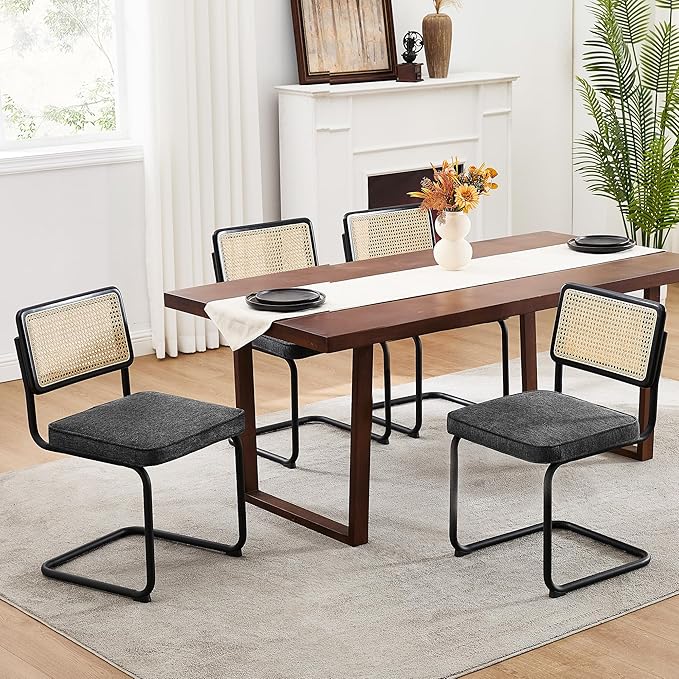 Zesthouse Rattan Dining Chairs Set of 6, Mid Century Modern Dining Room Chairs with Natural Cane Mesh & Black Matte Base, Dark Grey Cesca Chair, Linen Fabric Kitchen Chair with Solid Wood Frame Back