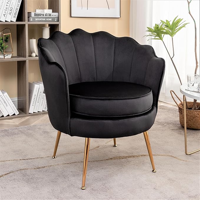 Container Furniture Direct Velvet Barrel Accent Chair with Scalloped Silhouette and Gold Metal Legs, Decorative Piece Suitable for Traditional, Modern, and Contemporary Spaces, Black