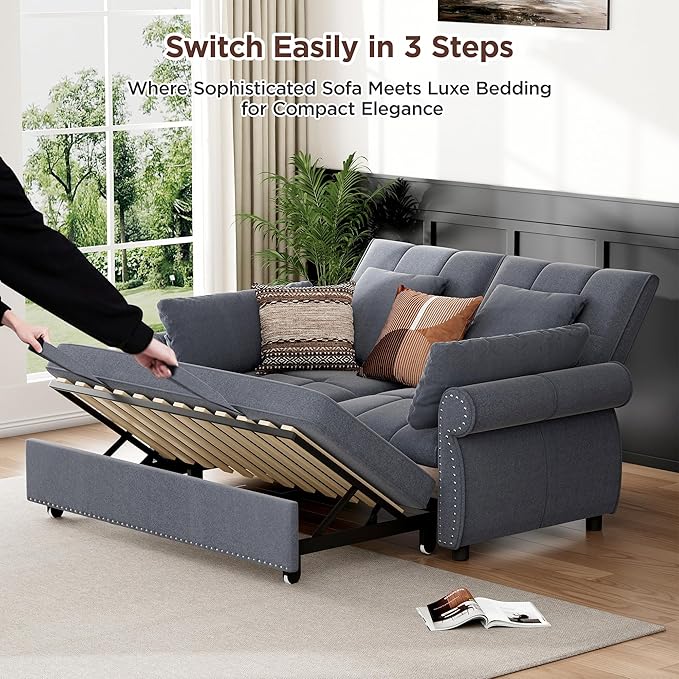 3 in 1 Sofa Bed, 61 Inch Convertible Pull out Couch with Four Pillows, Loveseat Sleeper Sofa with Adjustable Backrest, Sofa Couches for Living Room, Bedroom, Apartment, Chenille Fabric, Grey