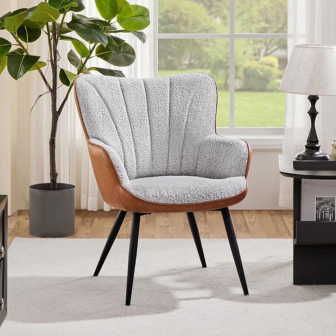 Yaheetech Accent Chair, Modern Fuzzy Boucle Fabric and Faux Leather Armchair, Upholstered Vanity Chair with High Curved Back and Metal Legs for Living Room Makeup Bedroom, Gray/Retro Brown