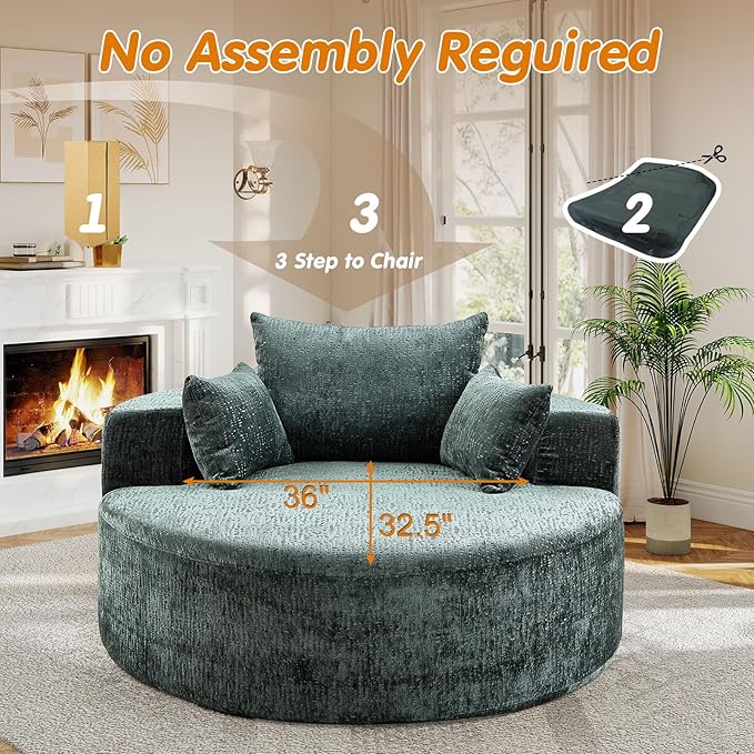 55"W Oversized Round Chair Lounge Chaise Indoor, Upholstered Comfy Circle Sofa Armchair, Modern Cozy Boneless Foam Floor Reading Chair for Living Room, Bedroom, No Assembly Required(Chenille, Green)