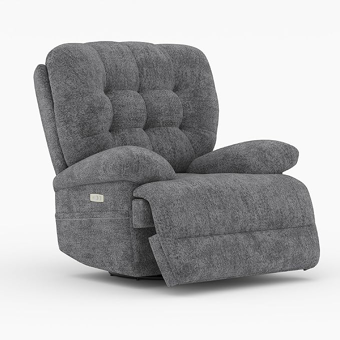COLAMY Floren Power Swivel Recliner Chair with USB & Type-c Charge,Oversized and Padded Upholstered Deep Seat and Armrest，Rocking Recliner with Double Storage Pockets,Dark Gray