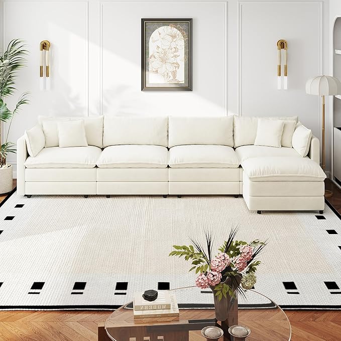 Aoowow Modular Sectional Sofa Modern Convertible L Shaped Couch,147.2 Inch Deep 4-Seater Sofas Set Comfy Chenille Cloud Sofas and Couches with Movable Ottoman for Living Room Apartment（Beige）