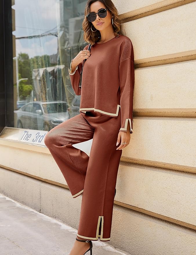 Tanming Women's 2 Piece Outfits Long Sleeve Knit Sweater Top Wide Leg Pants Lounge Sets Tracksuits