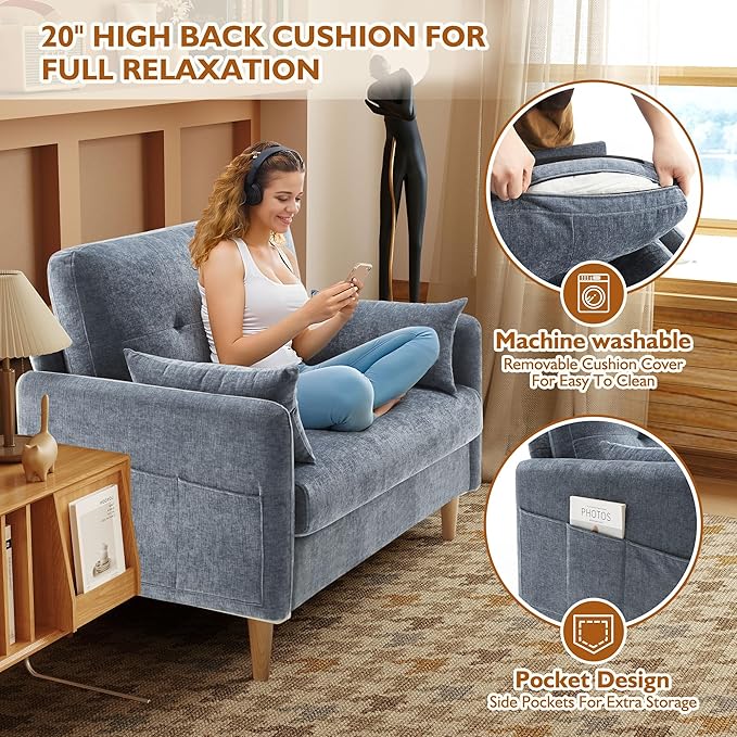 47" Small Sofa Couch for Bedroom, Soft Chenille loveseat Mini Couch with Throw Pillow and Removable Cushion Cover for Small Spaces, Living Room, Apartment, Dorm, Office(Blue Grey)