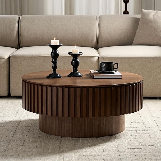 31.49'' Round Coffee Table with Storage Small Coffee Table for Apartment, Modern Living Room Coffee Table with Sturdy Pedestal (Walnut, Ø31.49 x 13.77 with Storage)