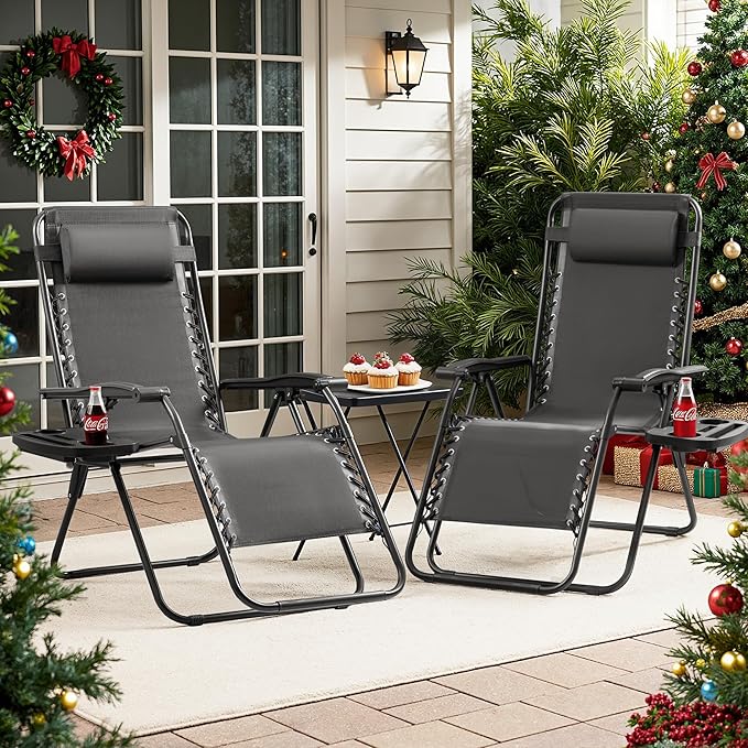 Homall Zero Gravity Chair Patio Folding Lawn Lounge Chairs Outdoor Lounge Gravity Chair Camp Reclining Chair with Pillows for Poolside Backyard and Beach Set of 2 (Dark Black)