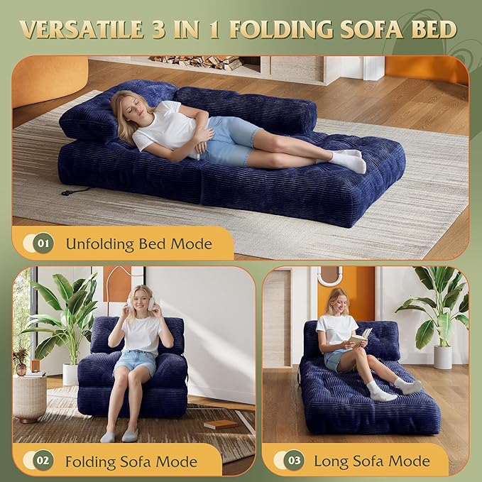 WLIVE Sofa Bed, Bonless Couch, Bean Bag Chairs for Adults, Pull Out Couch, with Pillow, for Living Room Dorm Bedroom, Navy Blue