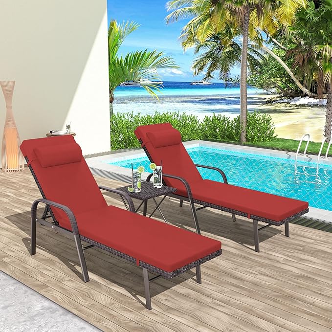Trumbeak Patio Chaise Lounge Set 3 Pieces Pool Lounge Chairs,Cushioned Outdoor Folding Lounge Chair w/Arm and Rattan Adjustable Backrest for Poolside Porch,Folding Table Included,Red