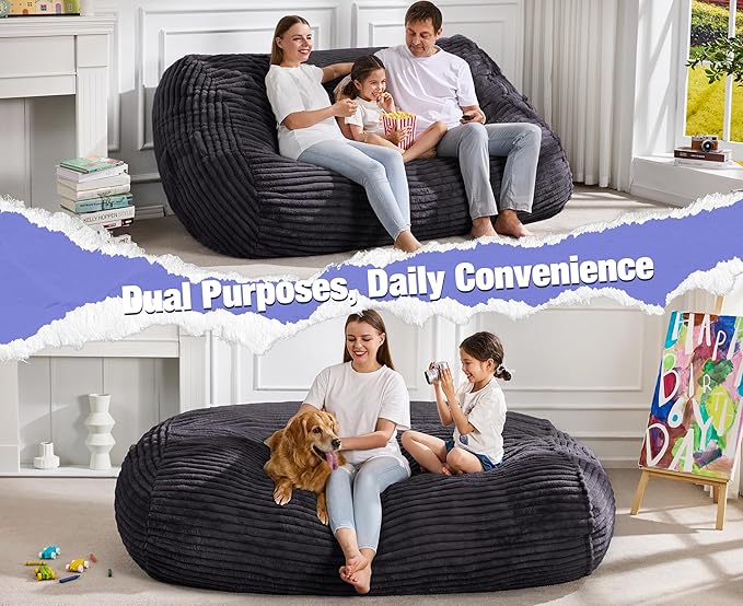 Hobestluk 6FT Bean Bag Chairs Adult Bean Bag with Portable Handle Comfy Large Bean Bag Lounge Chair with Removable Cover for Living Room Bedroom (Stripe Dark Grey, 6FT)