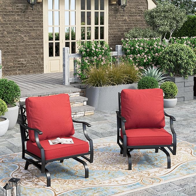 HERA'S HOUSE Outdoor Chairs Set of 2, 2 x Patio Chair with Red Cushions, All Weather Outdoor Furniture for Lawn Garden Backyard Deck(Rocking Chairs)