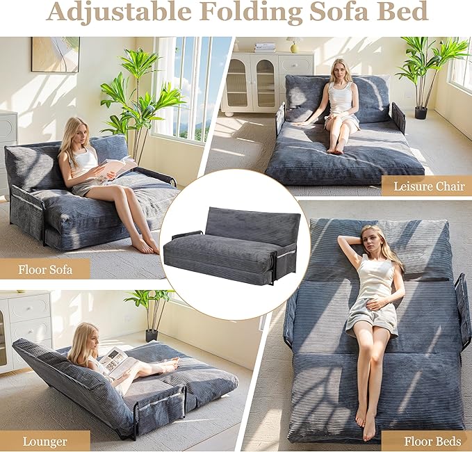 YOSHOOT Lazy Floor Sofa Convertible Bean Bag Sofa Bed Couch, 5-Position Foldable Sleeper Chair with Armrest, Ideal for Reading & Gaming