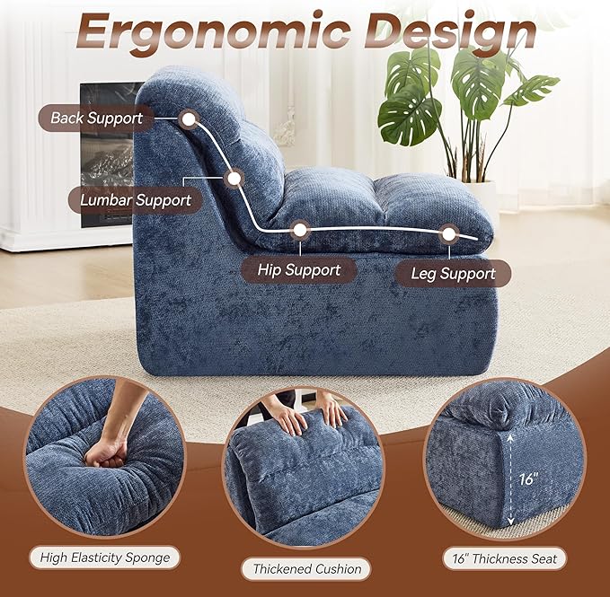 WUTUTUEE Boneless Chair, Double-Layer Armless Floor Sofa with High Density Memory Foam, No Assembly Togo Sofa, Chenille Bean Bag Chairs for Living Room, Bedroom, Comfy Cloud Chair (Navy)