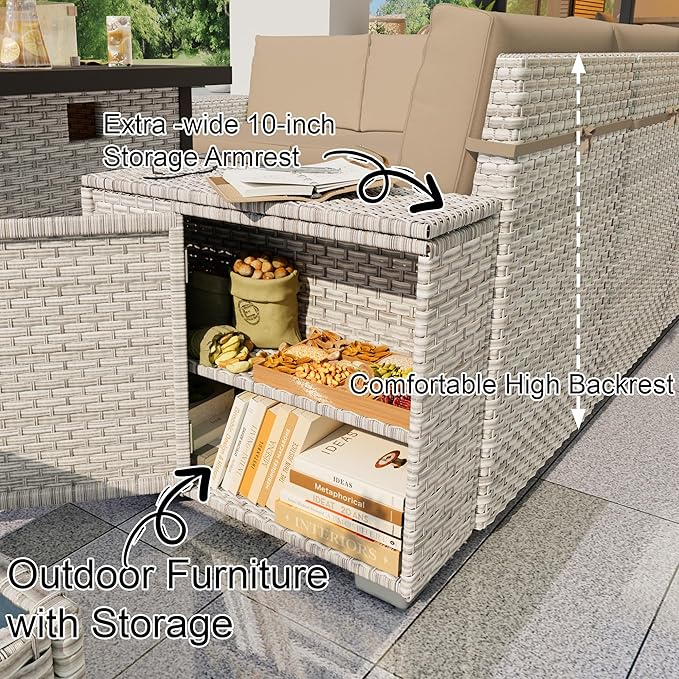 12 Pieces Patio Furniture Set, Outdoor Modular Sectional Couch Conversation Set with Wide Armrests, Wicker Seating Group Sofa with Coffee Table for Backyard Balcony Garden Deck (Khaki Cushions)