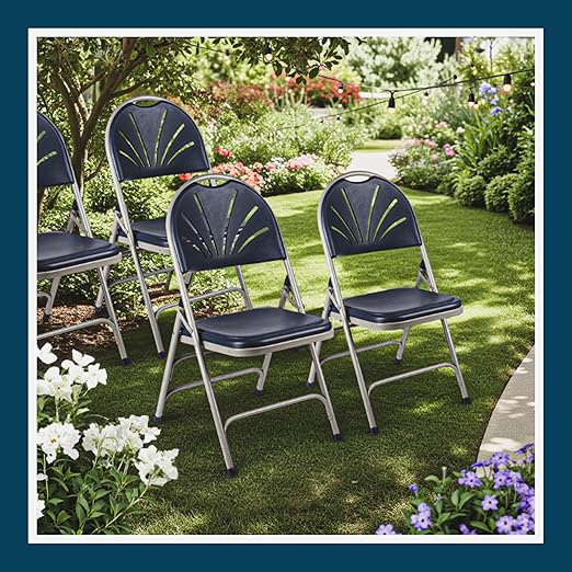 OEF Furnishings OEF1100 Series Premium Heavy-Duty Plastic Folding Chairs, Commercial Fanback Event Chairs with Triple Brace and 500 lb Capacity (4-Pack, Navy Plastic with Gray Frame)