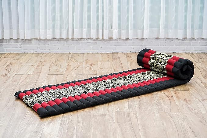 Leewadee - Foldable Floor Mattress - Japanese Roll Up Futon -Trifold Tatami Mat- Guest Floor Bed - Camping Mattress - Thai Massage Mat, Kapok Filled, 75 x 20 inches, Black Red