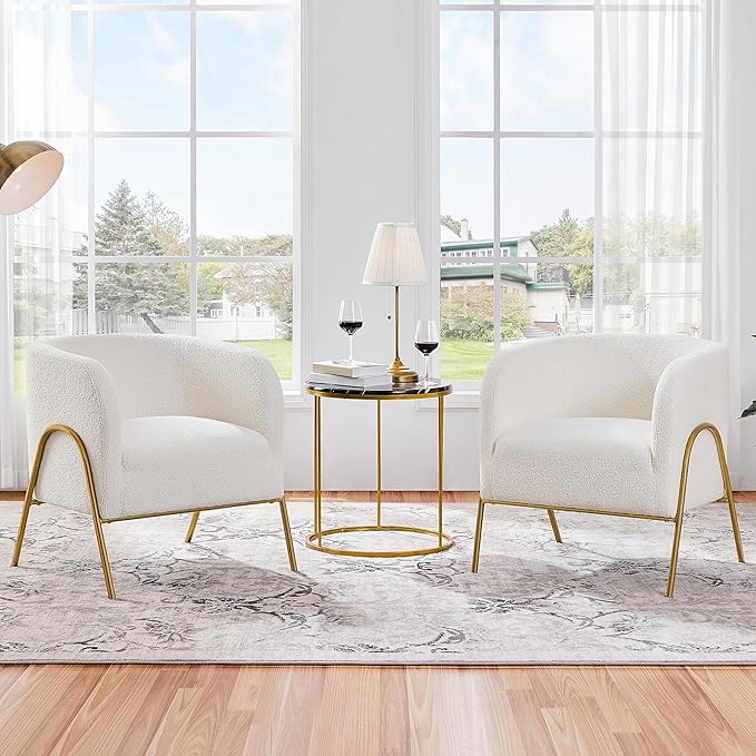 Yaheetech Accent Chair Set of 2, Armchair Set, Side Chairs for Living Room, Boucle Fabric Vanity Chairs with Gold Legs for Bedroom Office Reading Nook, Ivory