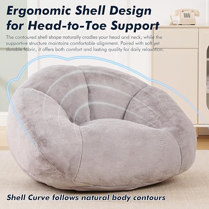 3.28 Feet Bean Bag Chair for Adults, Shell-Shaped Bean Bag Lazy Couch, Faux Fur Cloud Sofa Chair, Lounge Floor Sofa with Filler for Reading, Gaming & Watching, No Assembly Required (Light Grey)