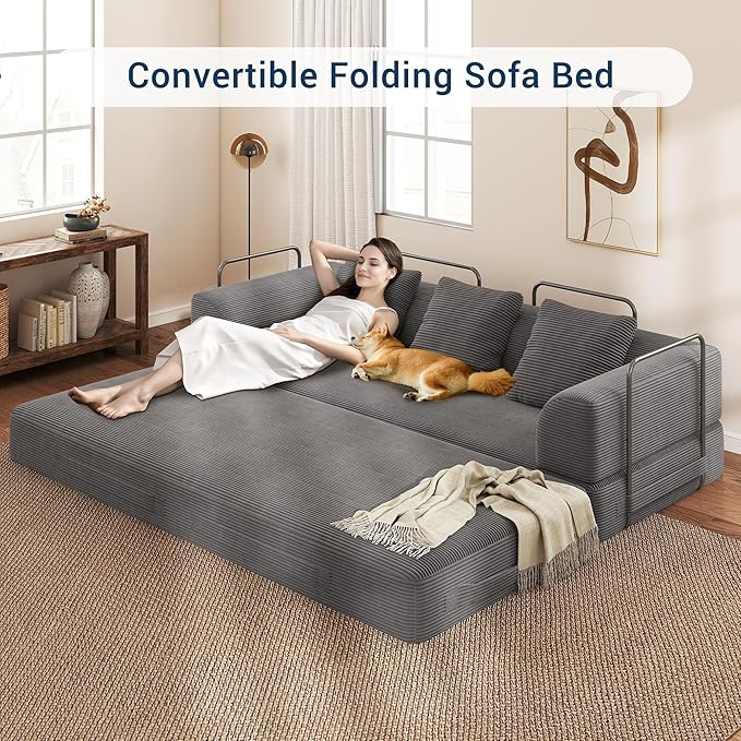 Cloud Boneless Convertible Sleeper Sofa Bed for Living Room 89" 4-in-1 Foldable Compressed Lounge 3 Seater Floor Couches High-Density Sponge & Corduroy Fabric Multi-Form Pull Out Futon Daybed(Gray)