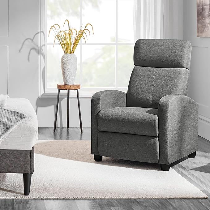Yaheetech Fabric Recliner Chair Sofa Ergonomic Adjustable Single Sofa with Thicker Seat Cushion Modern Home Theater Seating for Living Room Matte Grey