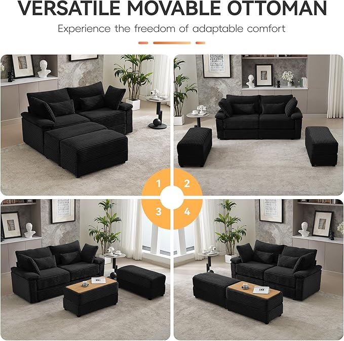 75" Corduroy Loveseat with Storage Ottoman & USB, Cloud Deep Seat Couch with Convertible Ottoman Coffee Table, Double Chaise Lounge for Living Room, Corduroy Black