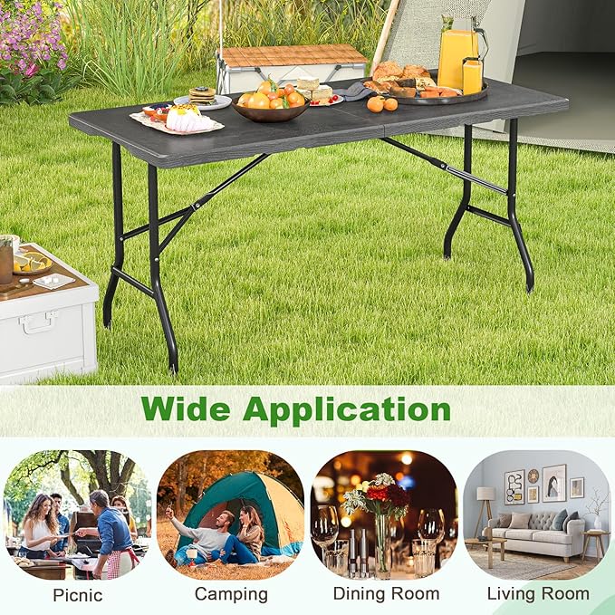 Tangkula 5FT Folding Table, Indoor Outdoor Foldable Plastic Table with HDPE Tabletop, Sturdy Metal Fame, Carrying Handle, 4-6 Person Picnic Table for Camping BBQ Party
