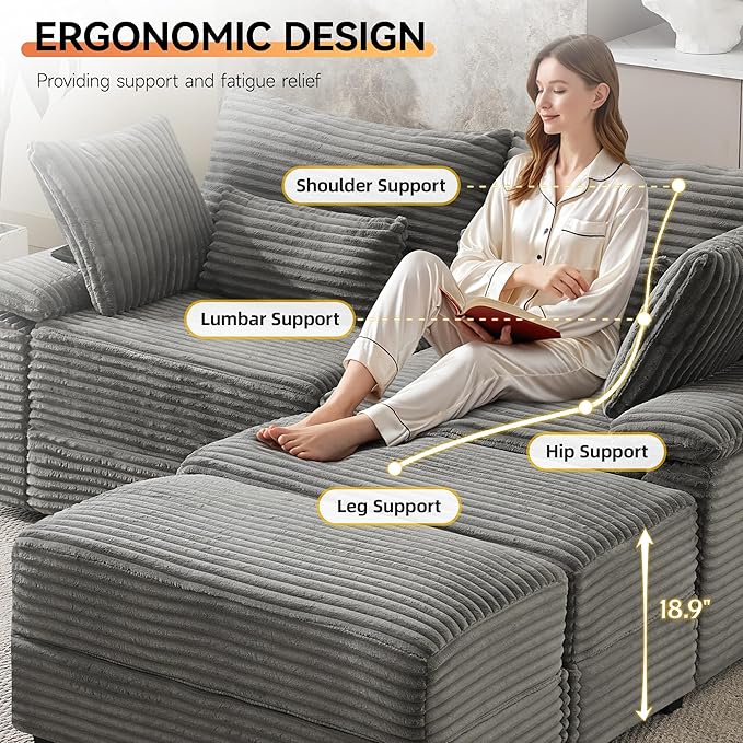 75" Corduroy Loveseat with Storage Ottoman, Cloud Deep Seat Couch with Convertible Ottoman Coffee Table & USB, Double Chaise Lounge for Living Room, Grey