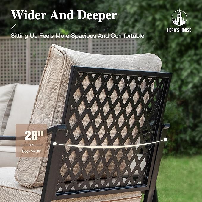 HERA'S HOUSE 4 Piece Metal Patio Furniture Set, All Weather Outdoor Conversation Set with 3 Seat Sofa, 2 Rocking Chairs & Coffee Table, Seats 5 for Backyard, Garden, Deck, Beige