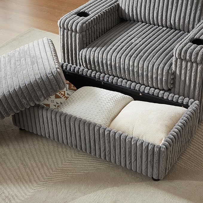 Eafurn 42.5" Oversized Accent Chair with Storage Ottoman Convertible Chaise Lounge, Corduroy Cloud Sofa Chair w/Cupholders, Modern Extra Wide Armchair