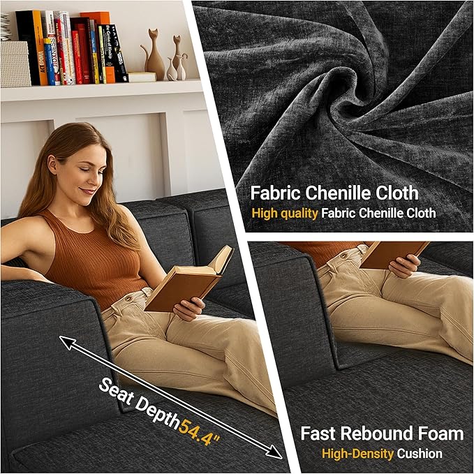 136" 6-Piece Sectional Sofa Modular Couches,L-U-Shaped with Chaise,for Living Room,Compressed Foam No Assembly,for Living Room (2xArmless Corner Ottoman) Fabric Chenille Dark Grey