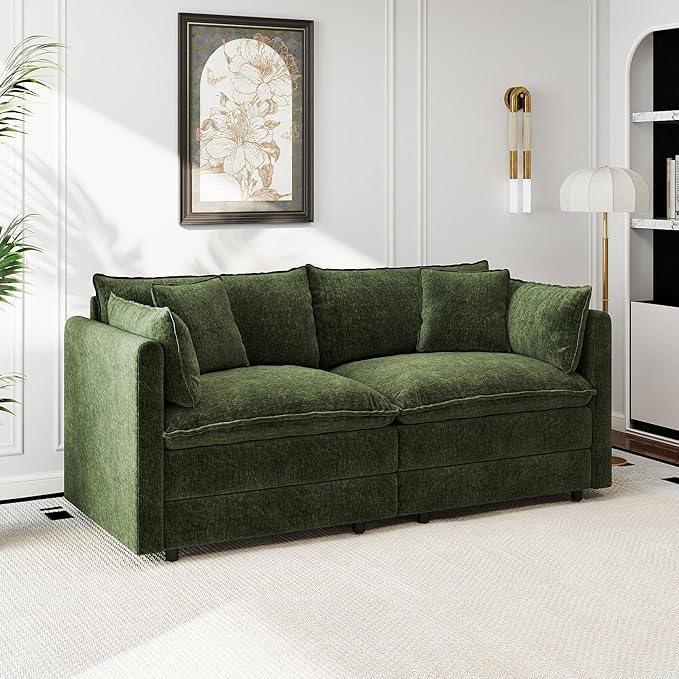 Aoowow Modular Sectional Sofa Modern Convertible Loveseat Couch,77.16 Inch Deep 2-Seater Sofas Comfy Chenille Cloud Sofas and Couches with Pillows for Living Room Apartment（Green）