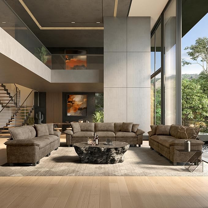 HERA'S HOUSE 3 Pieces Modular Sectional Sofa Sets, Oversized Couch Set with Loveseats, Comfy Cloud Couches with Throw Pillows, 7-Seater Deep Seat Sofa for Living Room, Chenille Taupe