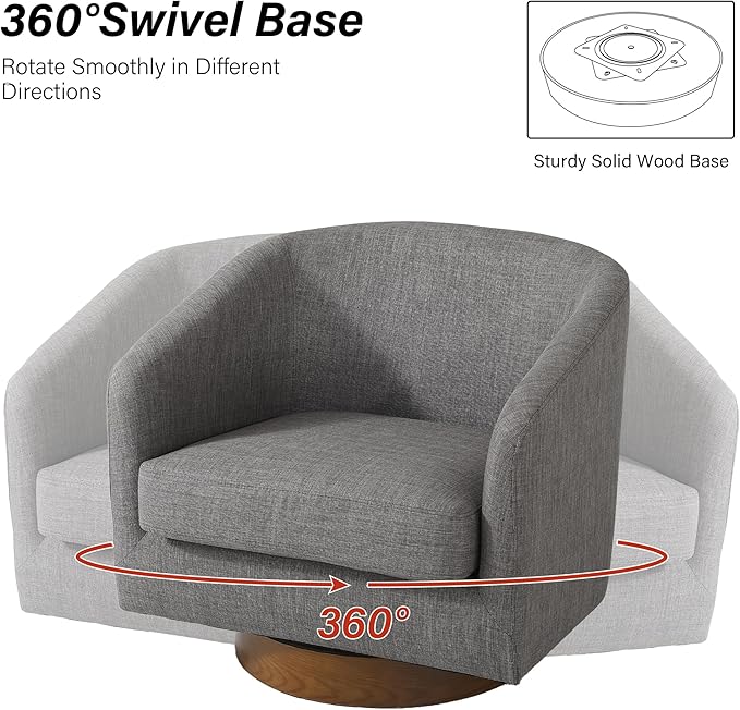 Swivel Barrel Chair, Modern Round PU Leather Accent Armchair for Living Room, Bedroom, Oversized Comfy Club Reading Chairs for Adults (Fabric Grey, Set of 2)