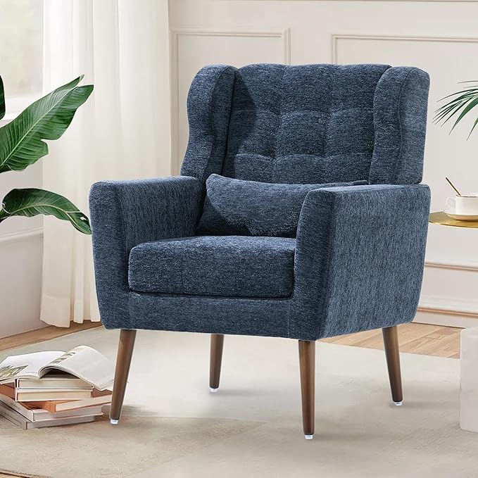 CHSICFOR Modern Accent Chair, Upholstered Arm Chair with Waist Pillow, Single Sofa Chair for Living Room Bedroom Small Spaces (Blue)