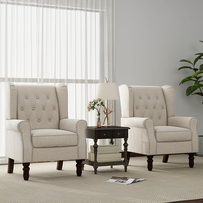 DREAMSIDEA Accent Chair, Upholstered Armchair with Button Tufted High Back & Solid Wood Legs, Comfy Wingback Reading Single Sofa Chair for Small Spaces, Living Room, Bedroom (Beige, Set of 2)