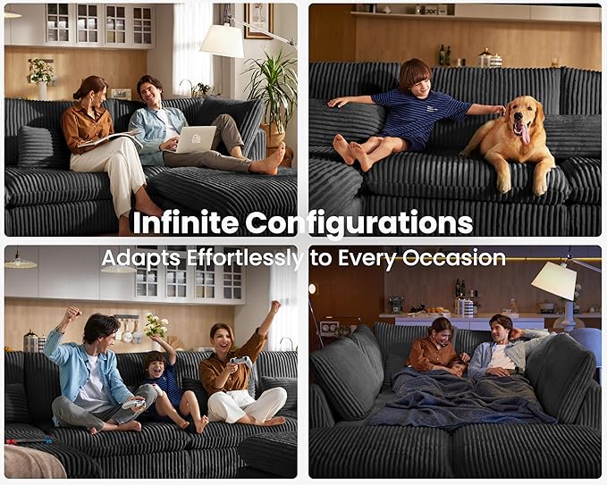 Oversized Modular Sofa, Extra Deep Cloud Corduroy Sectional Couch with Ottoman Chaise, Fluffy Chenille 3 Seater Sofa for Living Room, Villa (Basic 3 Seater, Corduroy Black)