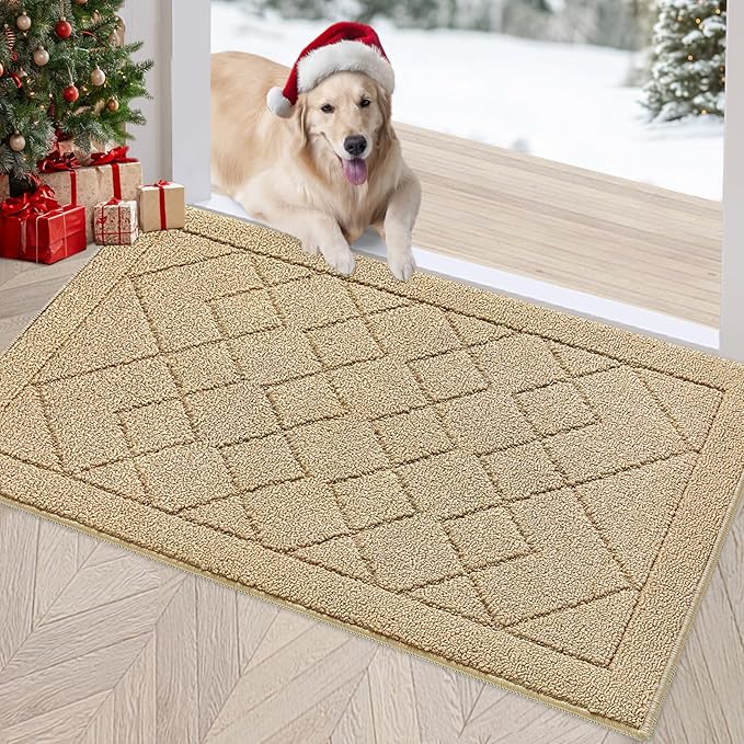 REFETONE Indoor Doormat, Front Back Door Mat 24"x36" Rubber Backing Non Slip Mats, Absorbent Washable Entrance Doormat for Entryway, Resist Dirt Low-Profile Inside Floor Mat for Muddy Shoes, Beige