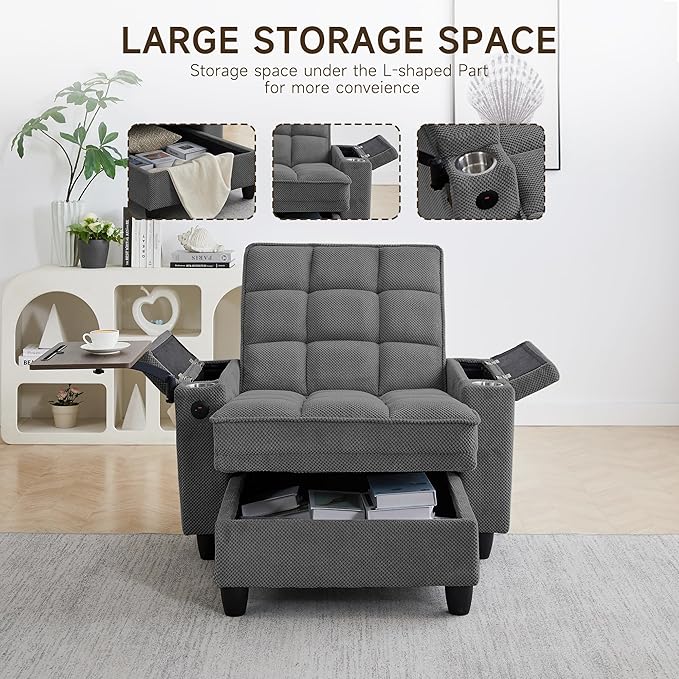 41.7" Oversized Chaise Lounge Chair Indoor, Boucle Upholstered Sofa Bed with Adjustable Backrest, Deep Seat Reading Chair, Sofas Couches for Living Room, Storage, Cup Holders & 360° Swivel Side Table