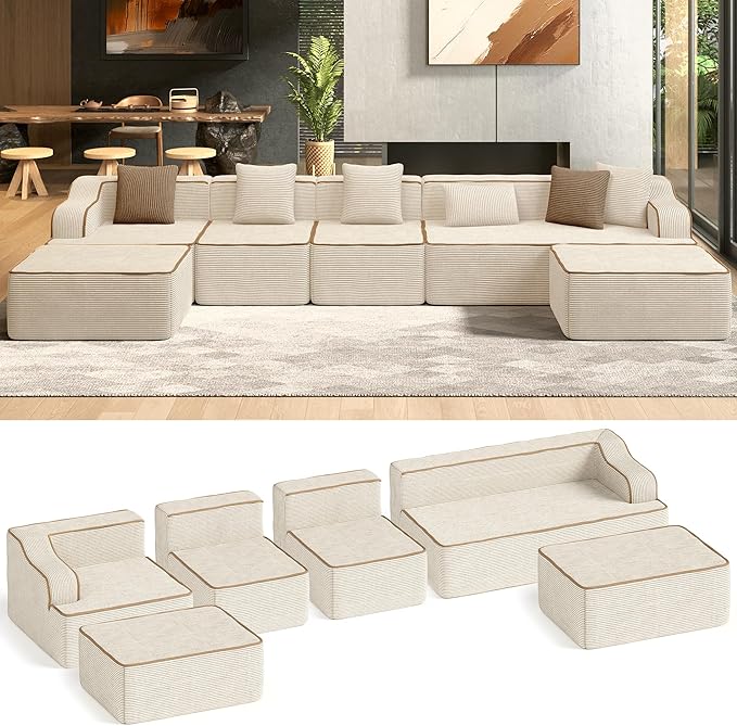 HERA'S HOUSE 163" Cloud Sectional Couch, Oversized U-Shaped Modular Upholstered Sofa with Ottomans, Corduroy Boneless Couches with 6 Throw Pillows for Living Room, No Assembly Required, Beige