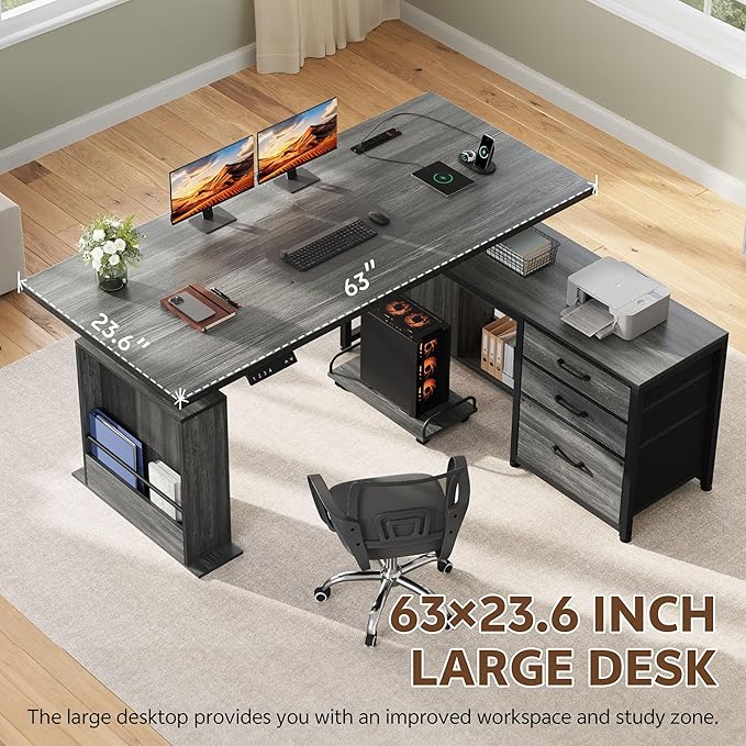 63" L Shaped Standing Desk with 3 Drawers Electric Adjustable Height Desk Corner Standing Desk with Storage Computer Game Desk with Power Outlets Computer Tower Stand for Home Office, Grey