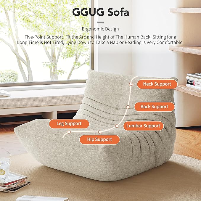High-end Bean Bag Chair, Fireside Togo Chair with White Teddy Fabric Cover, Comfy & Soft Lazy Floor Lounge Sofa for Bedroom, Living Room, Office or Lounger
