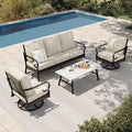 HERA'S HOUSE 4 Piece Metal Patio Furniture Set, All Weather Outdoor Conversation Set with 3 Seat Sofa, 2 Swivel Chairs & Coffee Table, Seats 5 for Backyard, Garden, Deck, Beige