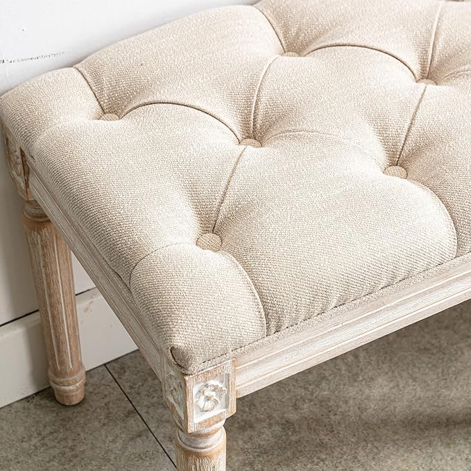 DM Furniture Tufted Dining Bench French Vintage Fabric Upholstered Wood Dining Room Bench Rustic Entryway Bench Bedroom End Bed Bench, Beige 48" Long