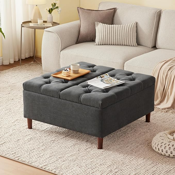 35 Inch Extra Large Storage Ottoman Coffee Table, No Assembly Required, Oversized Square Ottoman with Storage, Tufted Upholstered Ottomans Coffee Table for Living Room (Fabric, Dark Grey)