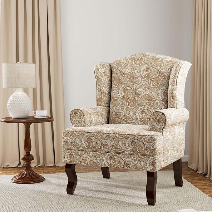 DREAMSIDEA Accent Chair, High Back Upholstered Armchair with High Resilience Sponge & Wood Legs, Mid-Century Modern Comfy Single Sofa Reading Chairs for Living Room, Bedroom (Floral Sand, Set of 1)