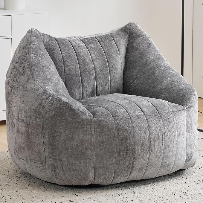 Giant Bean Bag Chair for Adults,Oversized Bean Bag with Filling Plush Fluffy,BeanBag Floor Sofa Chair with with Back Support for Living Room, Bedroom, Reading,Grey